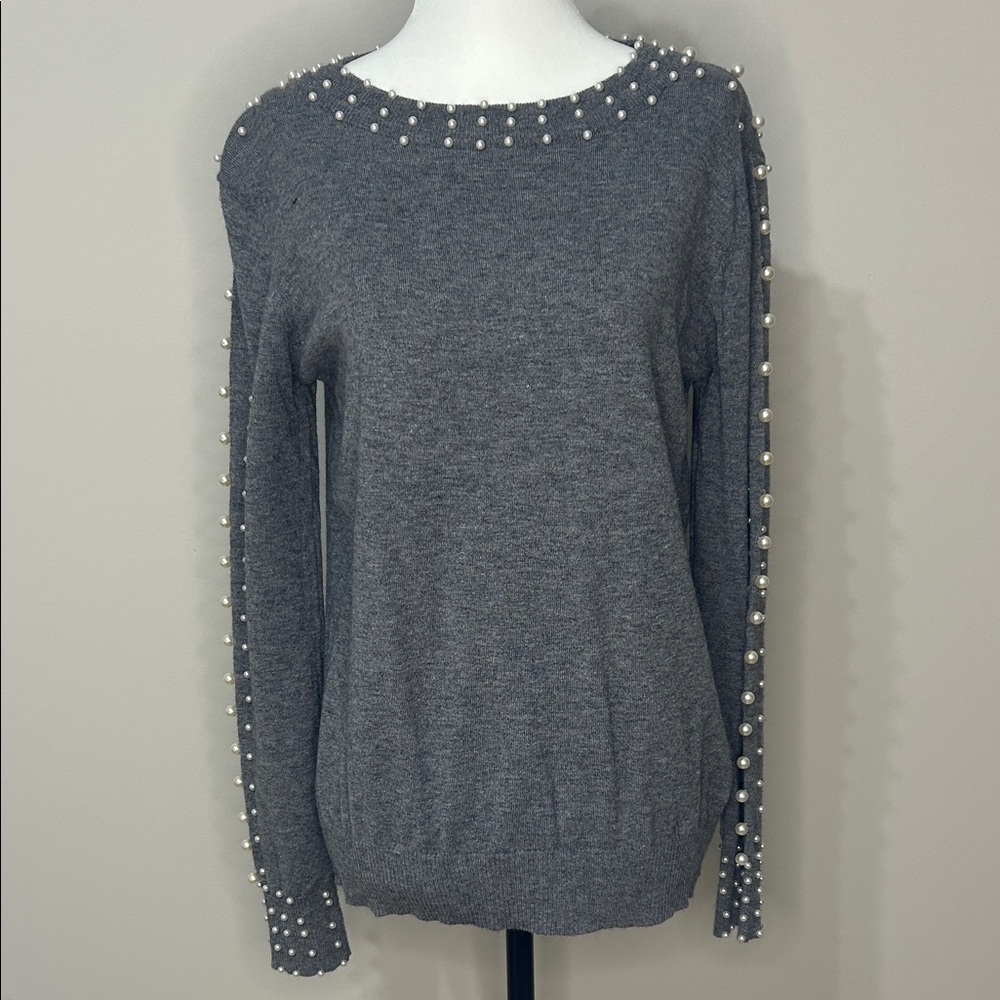 Crewneck Pearl-Embellished Sweater in Charcoal Gray